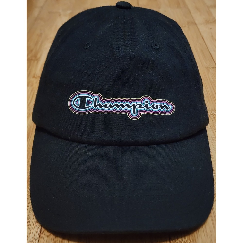 Champion Script Spell Adjustable Strapback Baseball Hat Cap Black Mens OSFA